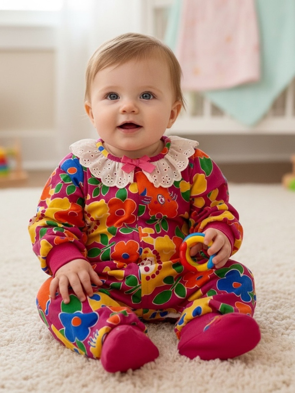 Vintage Baby Floral Footie Hopscotch One-Piece/Eyelet Collar - Pink Multi 6-9 mo